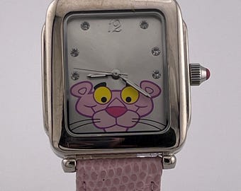 Vintage Pink Panther Damen Quarzuhr c. 2000er Jahren | Quadratische Hülle | Rosa Brillenetui