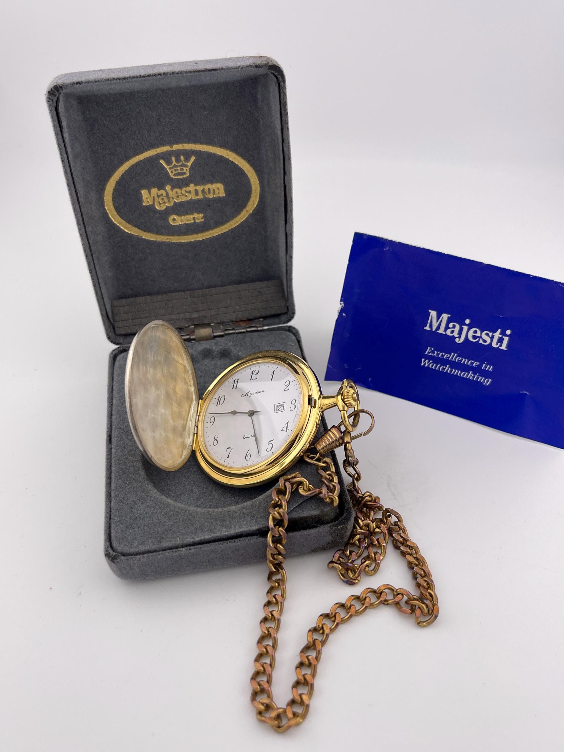 Majestron Golf Theme Quartz Pocket Watch Gold Tone W Chain C 1990s