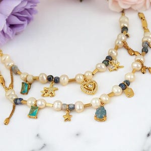 Real Freshwater Pearl Necklace for Women, Gold Plated Stainless Steel, Pearl Beaded Charm Pendant, Dainty Layered Jewelry