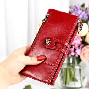 Cartera de piel auténtica con bloqueo RFID para mujer: cartera vintage con diseño floral, monedero, tarjetero y funda para teléfono.