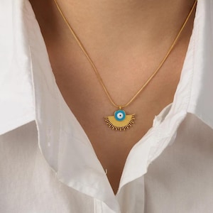 18k Gold Evil Eye Necklace Women, Waterproof Non Tarnish Pendant, Blue Evil Eye Necklace, Stainless Steel Chain Jewelry