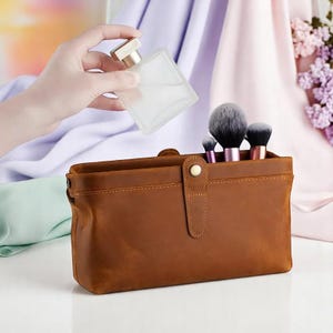 Toilettas van echt rundleer, handgemaakte leren make-uptas, luxe make-uptas voor reizen, compacte make-uptas van leer