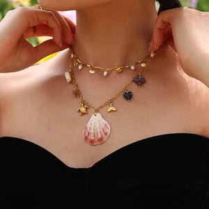 Seashell Necklace Women, Boho Seashell Necklace, 18K Gold Plated Stainless Steel Beach Jewelry, Summer Charm Layered Chain Holiday Gift
