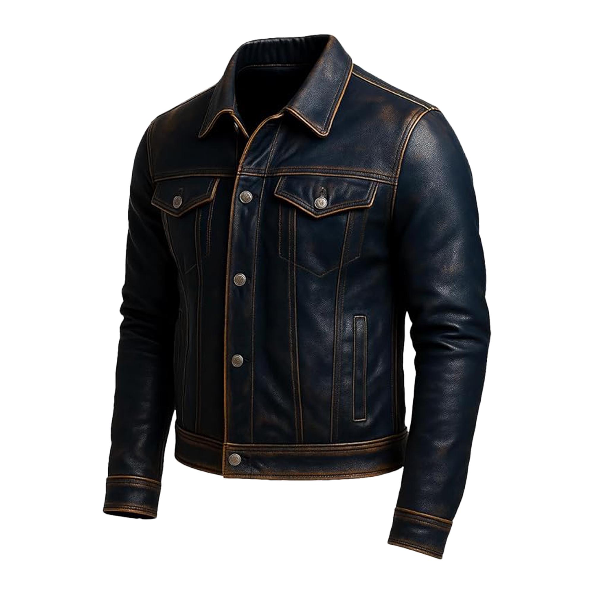 Men's Distressed Blue Leather Jacket, Vintage Motorcycle Biker Jacket ...