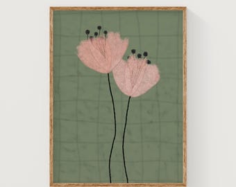 Green and pink floral art print, spring flowers wall art, botanical art print, colorful floral printable art, large botanical poster