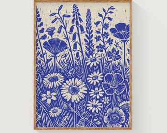 Blue wildflowers print, spring botanical wall art, indigo printable art, spring flower art, digital download linocut print, botanical poster