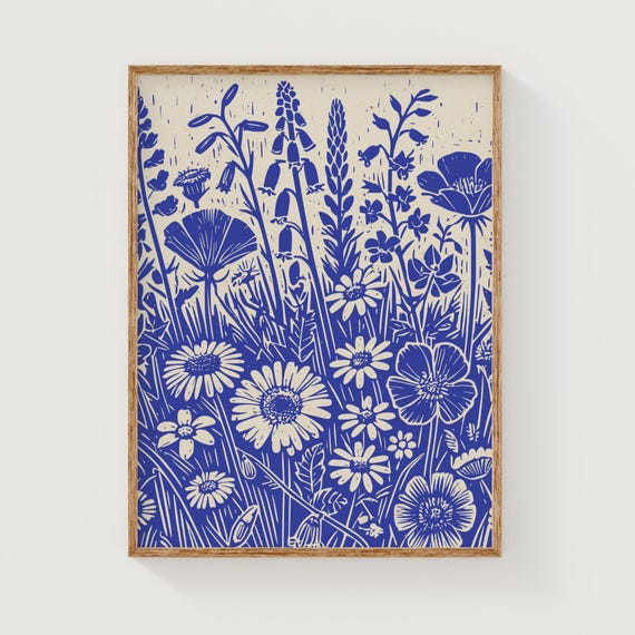 Blue wildflowers print, spring botanical wall art, indigo printable art, spring flower art, digital download linocut print, botanical poster