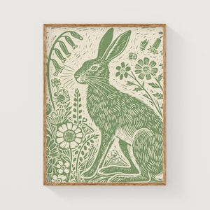 Konsttryck med grön hare och blommor, botanisk väggkonst med vår, utskrivbar kanin, påskväggkonst, digital nedladdning av linoleumtryck med hare