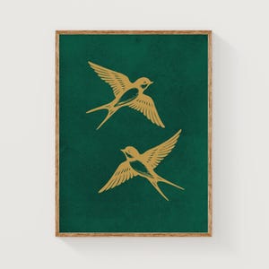Swallow birds downloadable art, green and gold bird print, printable minimalist animal art, gold wall art, contemporary digital art print