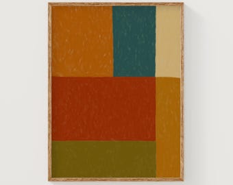 Impressão abstrata colorida de meados do século, arte de parede em cores brilhantes, impressão de arte geométrica em vermelho, laranja e verde, arte vibrante para impressão, pôster colorido