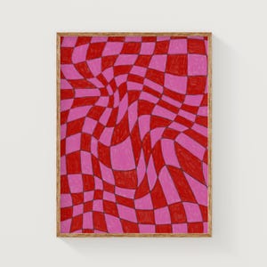 Impresión artística a cuadros rojos y rosas, arte abstracto colorido, impresión de descarga digital vibrante, arte de pared brillante, póster de colores vibrantes, póster rosa