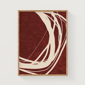 Arte lineal abstracto en rojo oscuro y beige, impresión abstracta minimalista, arte mural burdeos, póster abstracto rojo, arte mural escandinavo de descarga digital