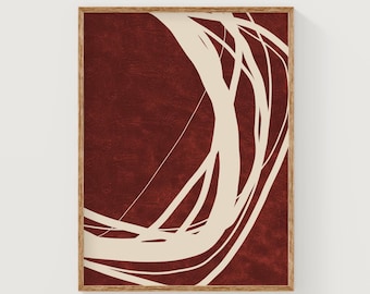 Dunkelrote und beige abstrakte Linie Kunst, minimalistischer abstrakter Druck, burgunderfarbene Wandkunst, rotes abstraktes Poster, digitaler Download Scandi Wandkunst