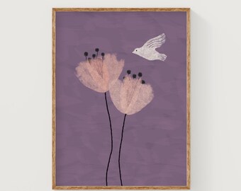 Purple and peach floral art print, two flowers and a bird printable, girl's room wall art, cute flowers digital print, pastel botanical art