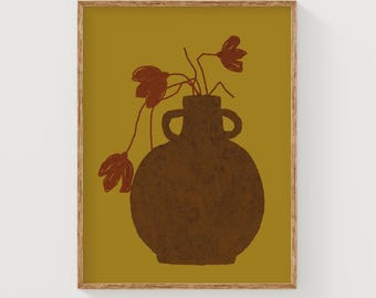 Mustard yellow printable art, flowers in a vase art print, modern still life print, eclectic wall art, floral digital download print