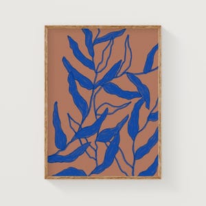Blue and orange floral art print, colorful botanical print, blue leaves printable art, orange botanical poster, large colorful floral poster