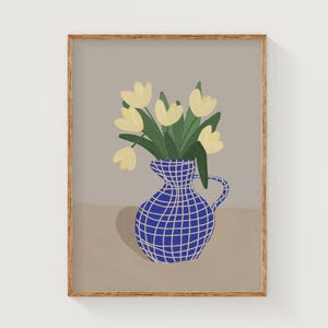Tulpen in der Vase Digitaldruck, gelbe Tulpen in der Vase Blau, bunte Blumenvase, eklektisch bunter Kunstdruck