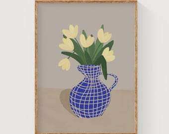Tulips in a vase digital print, yellow tulips in blue vase painting, floral art print, colorful floral wall art, eclectic colorful art print