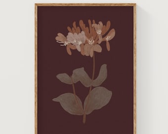 Burgundy honeysuckle floral art print, dark red and orange floral wall art, warm colors digital download art, botanical illustration