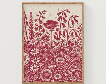 Red wildflowers printable art, spring botanical wall art, red botanical print, digital download linocut print, floral cottagecore print