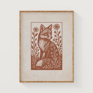 May include: A brown fox sitting in a field of flowers. The fox is surrounded by small flowers and leaves. The image is in a rustic style.