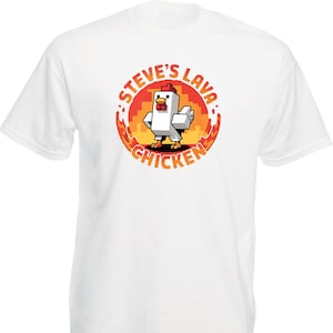 Steve Lava Chicken T-Shirt, Funny Gamer Hen Tee, Minecraft-Inspired Fire Shirt, Quirky Retro Block Bird Tee, Unisex Adults Kids Tee Top.