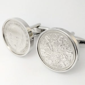 English 1935 sixpence coin cufflinks - 1935 Birthday Present Gift for men Gift for Dad handmade King George V Lion crown coin cuff links