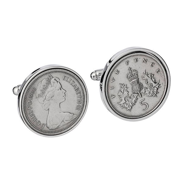 English 1968 Coin Cufflinks - 1968 Birthday Gift for Dad Anniversary Gift for men handmade Queen Crown thistle five pence  coin cuff links