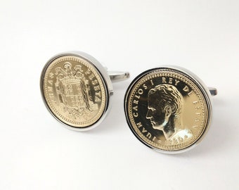 Spanish Peseta Cufflinks - Authentic Gold Retro Coin Accessories - Unique Men's Gift