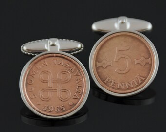 Finlândia rara -Retro -Cobre - Abotoaduras de moedas finlandesas feitas à mão - Moedas finlandesas genuínas - 100% de satisfação