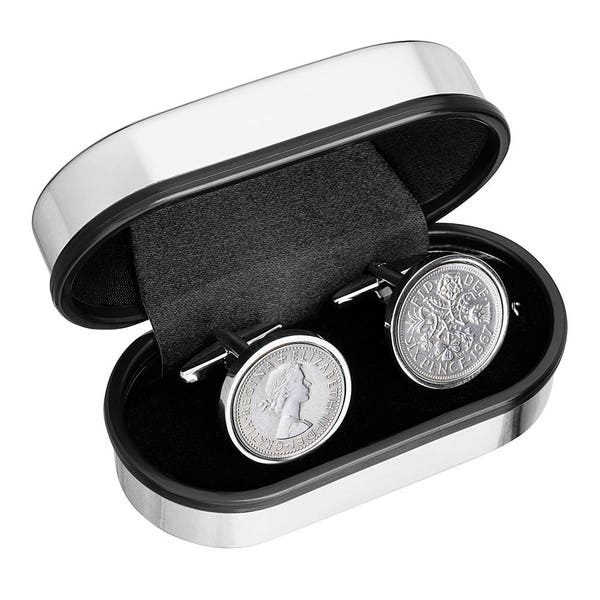 Cuff link in Handmade - English sixpence coins Cufflinks - Wear a piece of history - Includes presentation box - 100% satisfaction