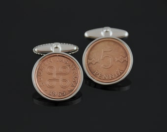 Abotoaduras de moedas finlandesas recicladas: cobre feito à mão, 5 centavos