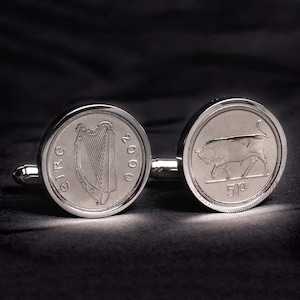 Irish Cufflinks - 5p Bull and Harp cufflinks - Includes presentation box - 100% satisfaction - 3 day delivery option