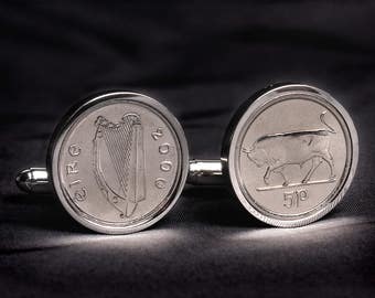 Irish Cufflinks - 5p Bull and Harp cufflinks - Includes presentation box - 100% satisfaction - 3 day delivery option