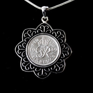 1949 English Sixpence Coin Pendant - Handmade Birthday Gift