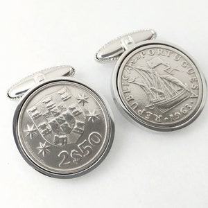 Portuguese Coin Cufflinks - Wedding Gift for men Anniversary Gift for husband Birthday Gift for Dad handmade Portugal crest ship cuff links