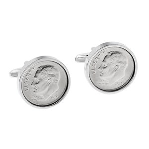 May include: A pair of silver cufflinks featuring a replica of a United States dime coin with the image of Franklin D. Roosevelt and the inscription "LIBERTY" on the front. The coin cufflinks are dated "2014" and have the inscription "IN GOD WE TRUST".
