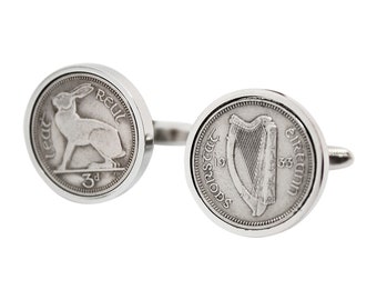 1933 - Luck Irish Coin Cufflinks -Genuine 1933 Irish Coins -  Very Rare 1933 Old Irish Threepence Cufflinks, Rare Irish Cufflinks, Year 1933