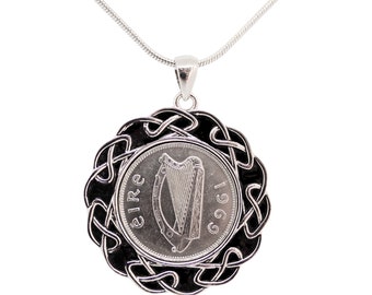 Colgante de seis peniques irlandeses de 1969: collar con moneda de arpa de la suerte