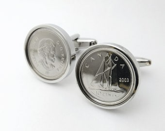Canadian Dime Cufflinks: Rhodium Plated Bluenose Coin Cuff Links