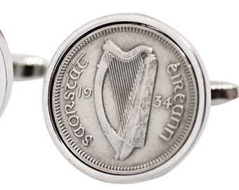 Rare 1934 Coin Cufflinks - 90th Birthday Cufflinks - 1934 Old Irish Threepence Cufflinks,Irish Cufflinks, Irish Gifts for Men Year 1934