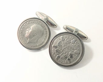 English 1928 sixpence coin cufflinks - 1928 Birthday Present Gift for men Gift for Dad handmade King George V Lion crown coin cuff links