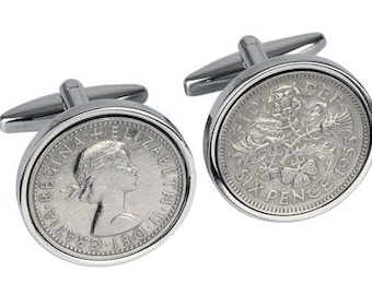 1955 English Sixpence Coin Cufflinks - Vintage British Coin Accessories - Classic Men's Gift