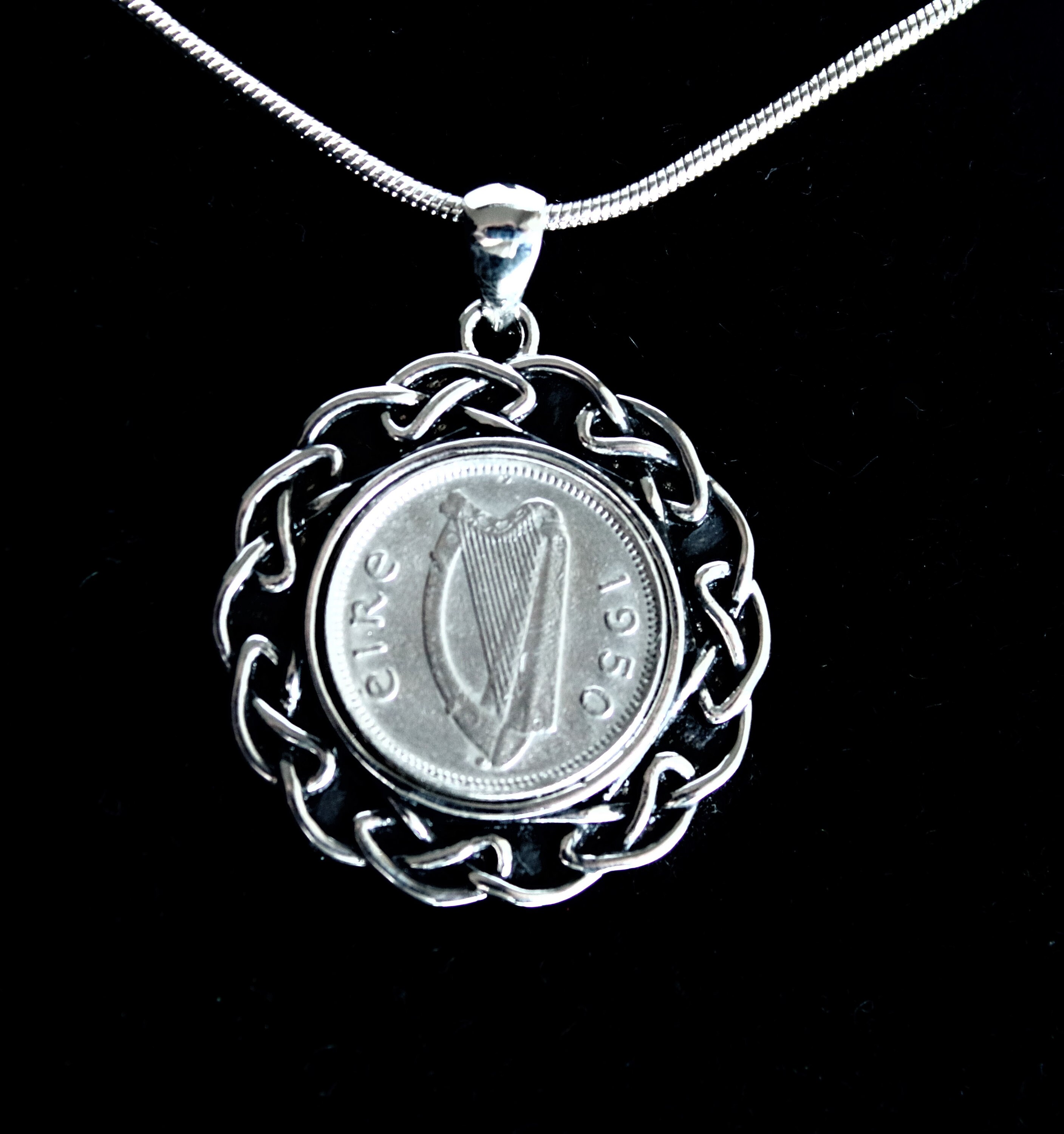 Collar Plata Ley 45.7 Cm Colgante Moneda Irlandesa 1950 - Plata De Ley Con Cadena 45.7cm, Regalo 73 Cumpleaños Joyería Plata Ley Vintage
