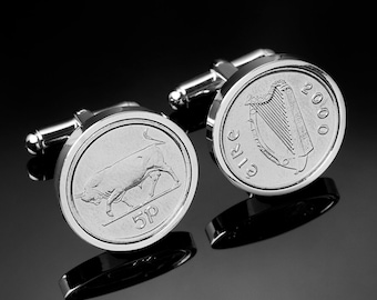 Irish Coin Cufflinks: Polished 5p Coins, Gift from Ireland