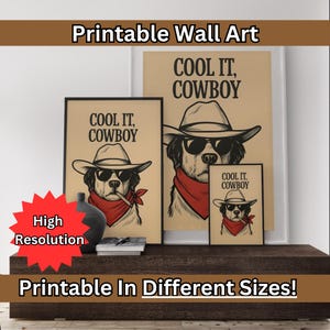 cool it cowboy black art print, retro print, vintage art, blue wall art dog, western dog print, trendy decor,  digital download, dog art