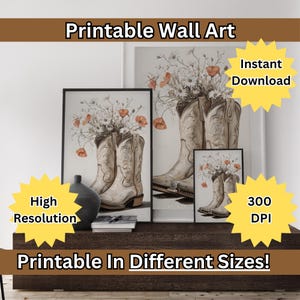 neutral coastal Cowgirl boots print, floral Western nursery wall art printable, Southern country aesthetic poster, Boho digital download