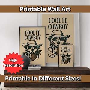 cool it cowboy black art print, retro print, vintage art, blue wall art dog, western dog print, trendy decor, digital download, dog art