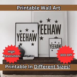 Arte mural tipográfico digital con estrella Yeehaw, póster de rodeo con decoración del oeste, impresión instantánea, diseño de rancho del suroeste, arte mural vaquero