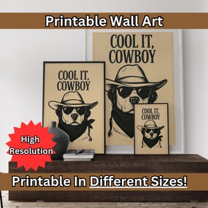 cool it cowboy black art print, retro print, vintage art, blue wall art dog, western dog print, trendy decor, digital download, dog art